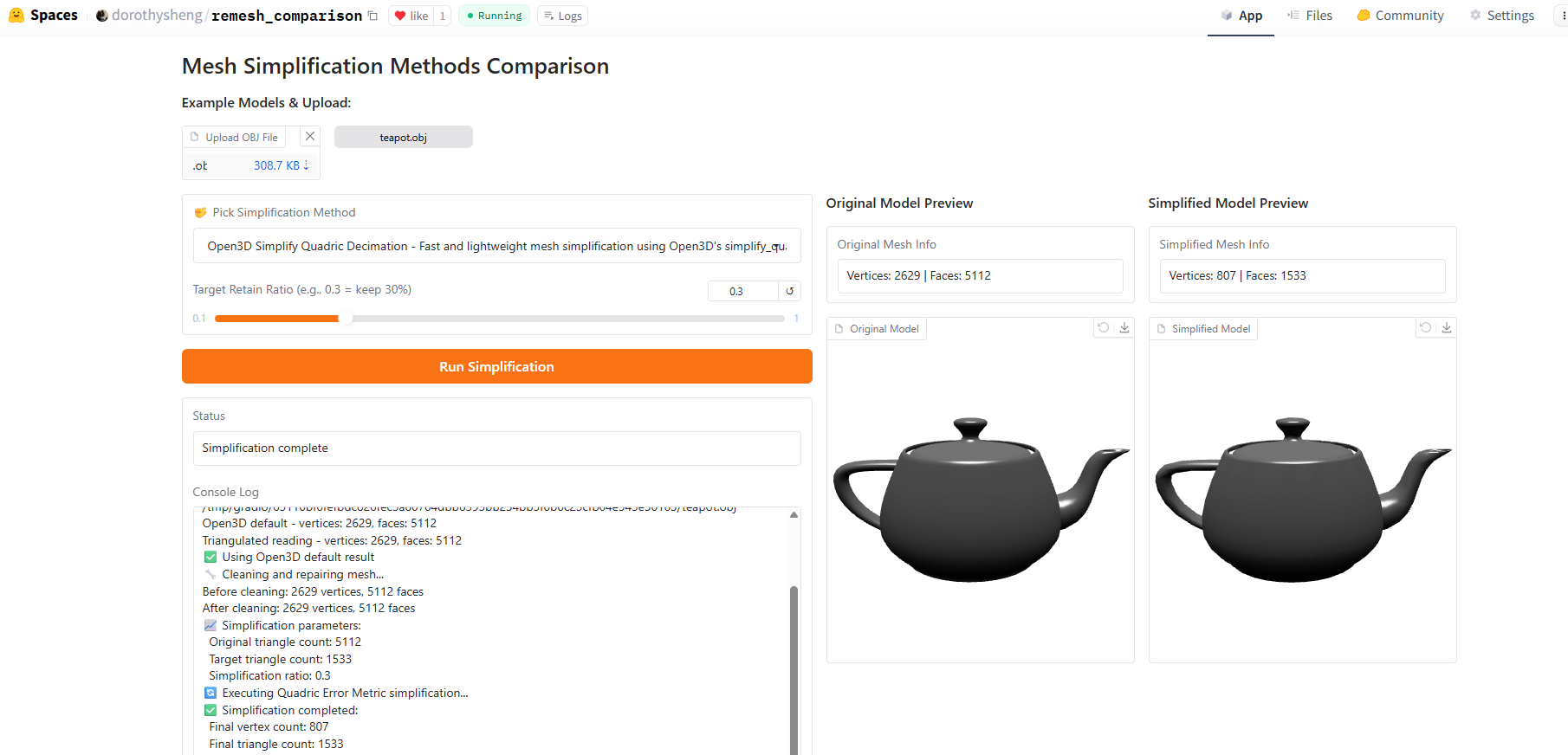 Mesh Simplification Methods Comparison
